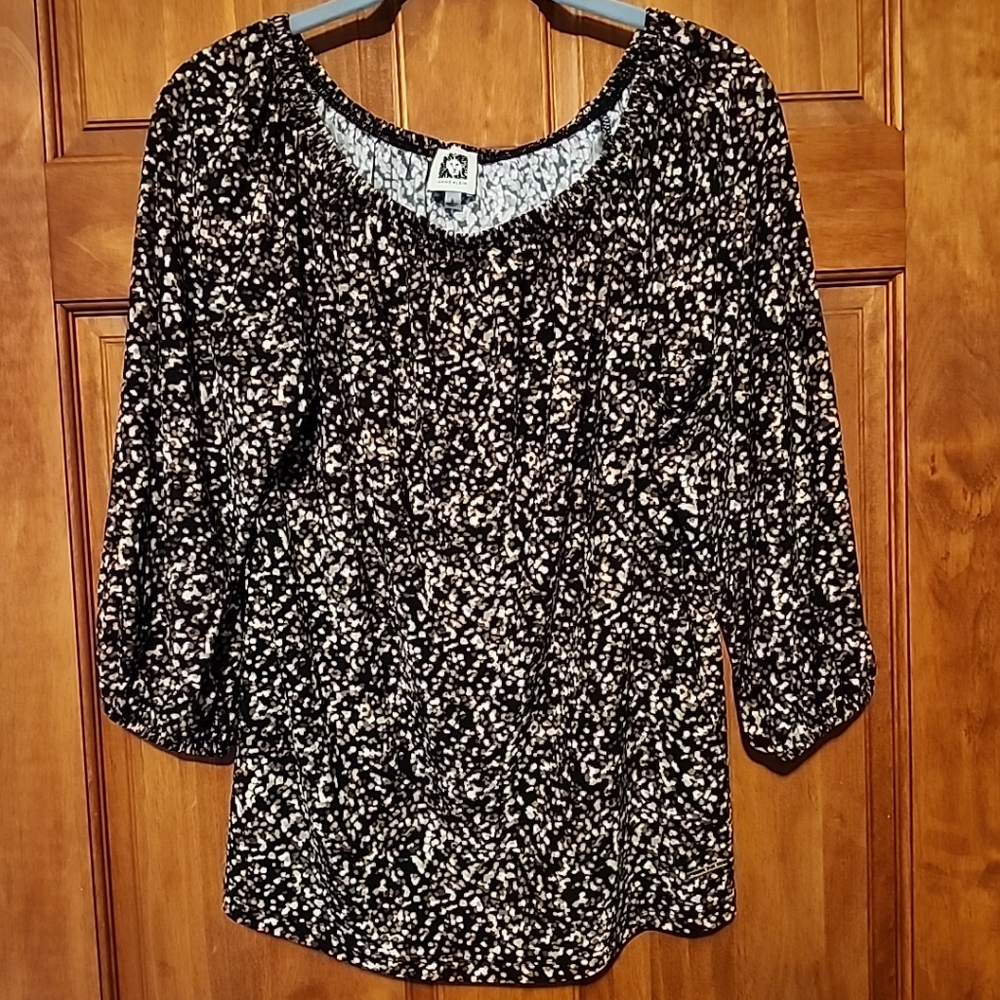 Anne Klein Brown Splatter Peasant Blouse, front logo, size Small